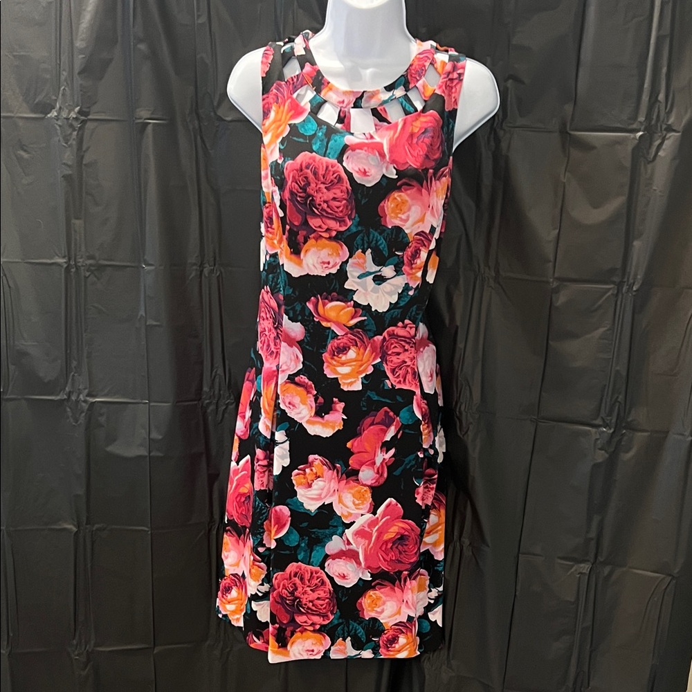 Eliza J Black Dress with Pink and Red Floral Pattern